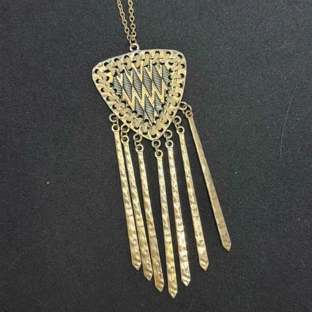 Statement Fringe Necklace Women OS Gold‎ Brass Tone Boho Tribal Hammered